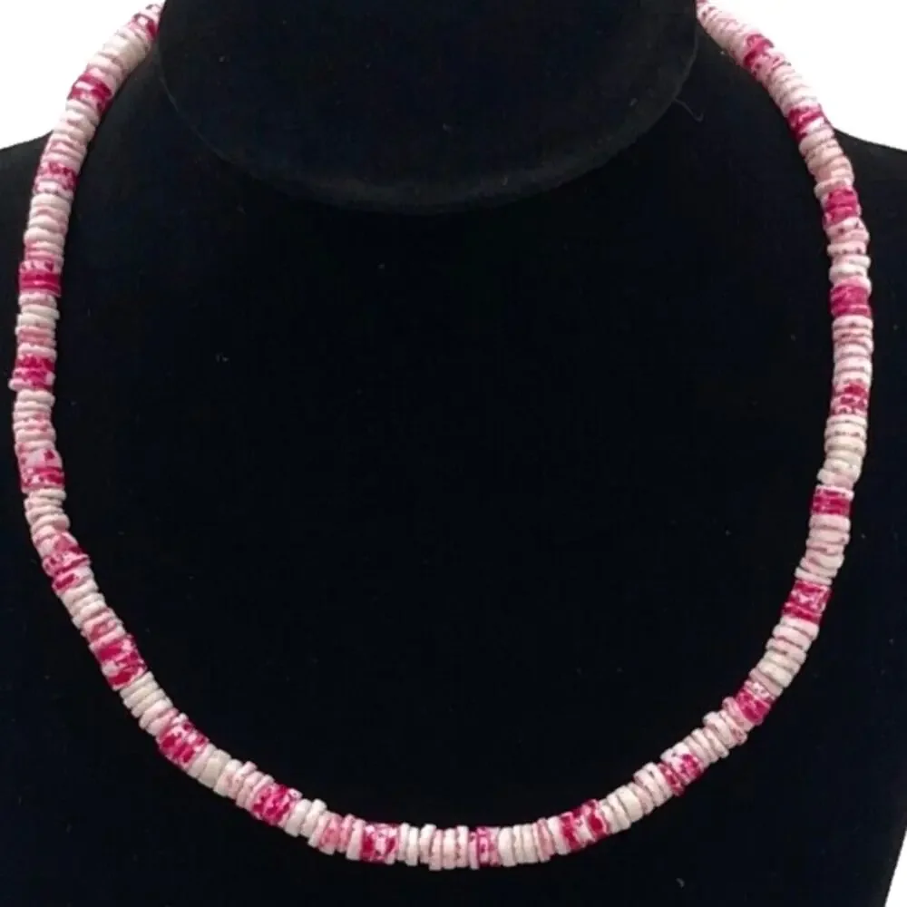 Vintage Fashion Jewelry Pink & White Puka Shell Necklace 16” Barrel Clasp